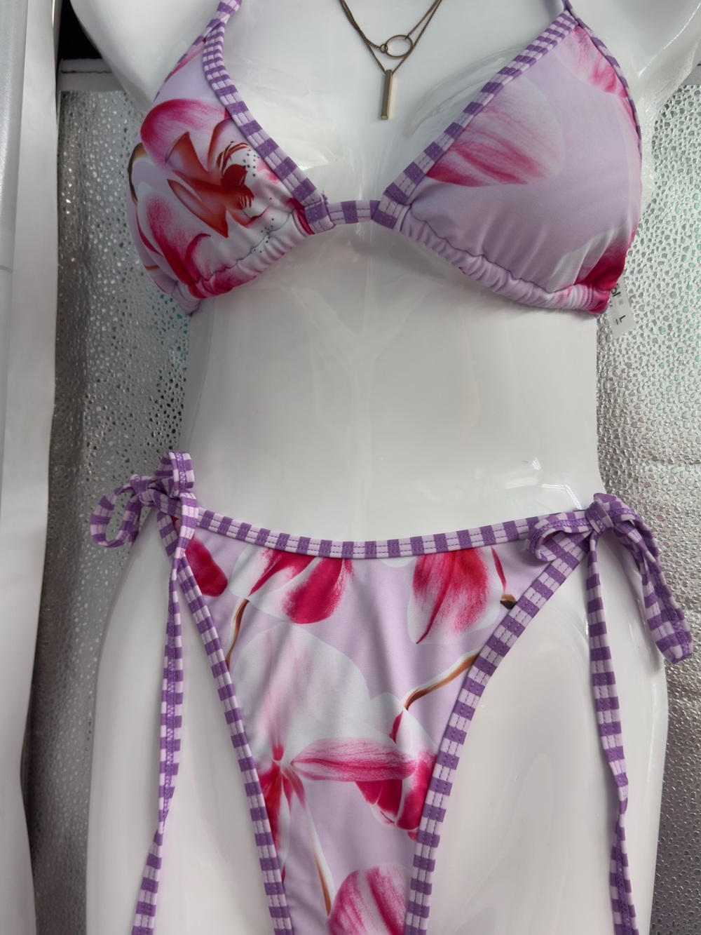 Lilac Floral Tie-Side Bikini Set - Purple & Pink Large swimsuit
